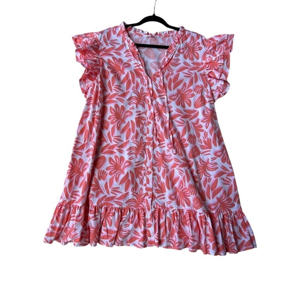Michelle‎ McDowell Pink Orange Floral Ruffle Mini Dress XXL Button Front Cotton